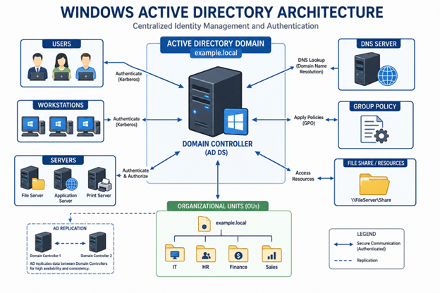 Diagram of Windows Active Directory domain and Domain Controller structure