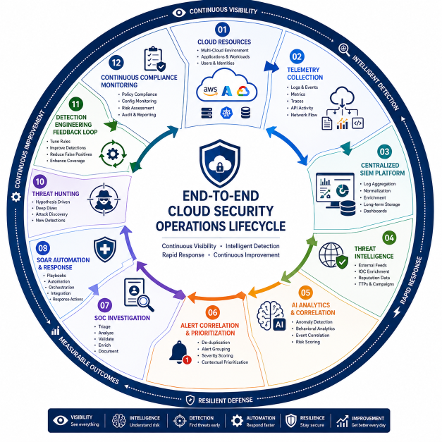 Circular diagram of the end-to-end cloud security operations lifecycle covering telemetry, SIEM, threat hunting, SOAR automation and continuous compliance monitoring