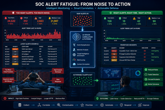 Infographic showing SOC alert fatigue reduced from 24,532 raw alerts to 156 prioritized incidents through AI-driven correlation and filtering