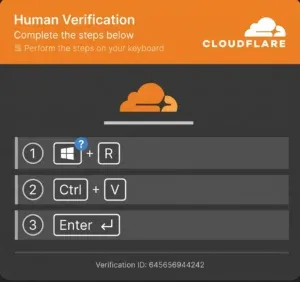 Diagram of the three-stage ClickFix attack: fake Cloudflare verification, silent clipboard hijack, and manual command execution via Windows Run dialog